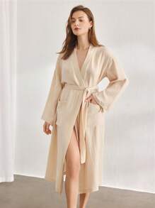 Ocili 休闲女士舒适柔软棉质网眼双层睡袍家居服睡衣，舒适保暖，秋冬款 - 卡其色 - 查看 2