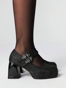 ROMWE Goth Zapatos de plataforma con tacón grueso y puntera redonda, estilo vintage y tacón ancho, nuevos para primavera, color negro - Negro - Ver 4
