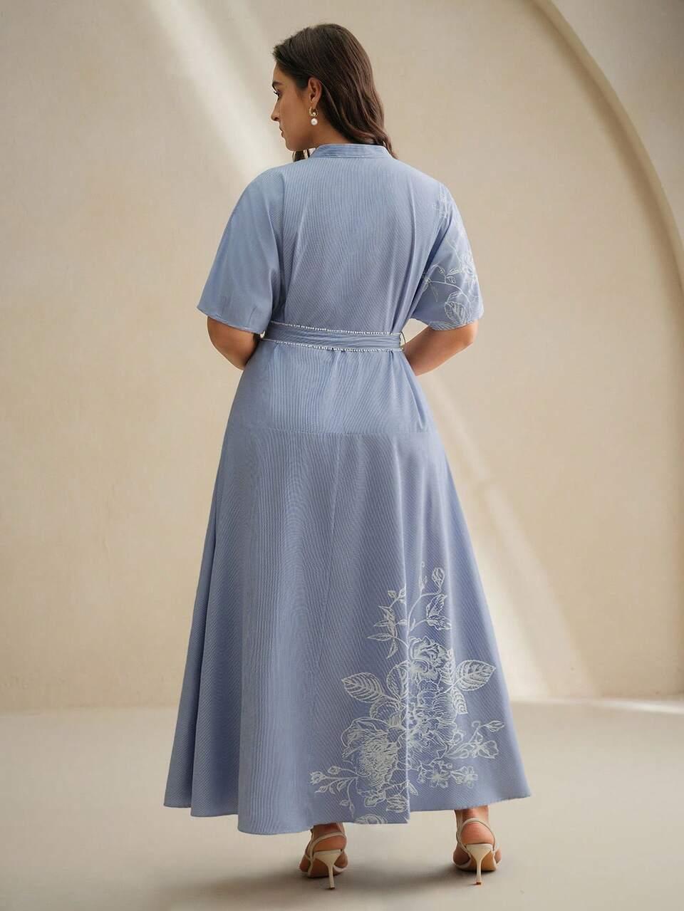 Blue And White Summer Elegant Tea Party Women's Shirt Style Printed Midi Dress,Puff Short Sleeve Striped Waist A-Line Plus Size Casual Dress