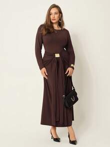 Auralis Plus Size Elegant Solid Color Ruffle Trimmed Mermaid Dress, Long Dress, Autumn Dress, Long-Sleeved Dress, High-Elastic And Comfortable Dress Fall Women Clothes Fall Elegant Dresses For Women Fall Dresses For Women Modest Modest Dress,,Wedding Guest Dress Women