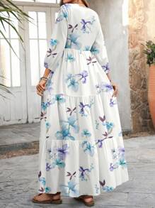 EMERY ROSE 女式休闲简约度假长袖 V 领紫色鸢尾花花卉印花长裙