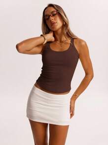 SHEIN BAE Summer 1pc Knitted Striped Round Neck Simple Casual Tank Top Suitable For Brunch, Going Out, Dating, Commuting Leisure, Ibiza - Coffee Brown - View 3