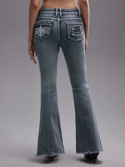 Grunge Punk Punk Style Low Waist Zipper Rivet Pocket Embroidered Women's Flare Jeans