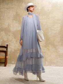 Arave Đầm đi làm, đi chơi, đi nghỉ, cổ chữ V, tay bồng nhẹ nhàng, dễ thương cho nữ, mùa hè - Màu xanh lam - Xem 5