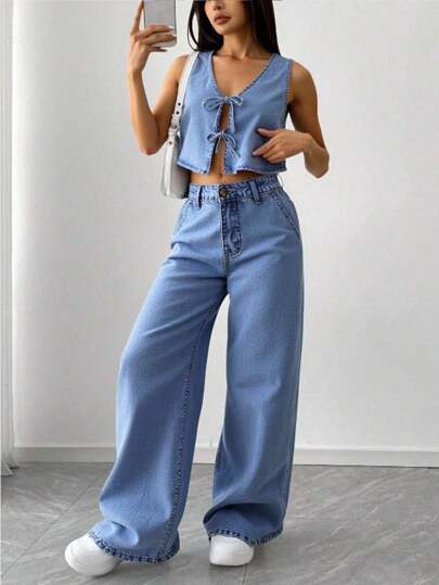 SHEIN Teen Girl Blue Denim Sleeveless Cardigan Short Vest Low-Waist Loose Trousers 2-Piece Set, Kid Girls Spring And Summer Casual Vacation Country Boho Wear, Beach Outfits, Western Street Wear For Girl, Spring Break Outfits, Rave Outfits Festival Denim Middle Set, Graduation Outfits