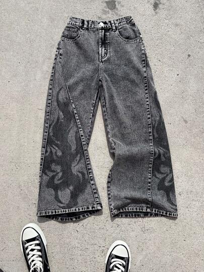 Pantalones vaqueros sueltos de estilo gótico con estampado de llamas en gris para ropa casual de moda de adolescente, ropa diaria, atuendos de verano y otoño para adolescentes, atuendos de festival y playa, ropa de calle y de invierno para la escuela