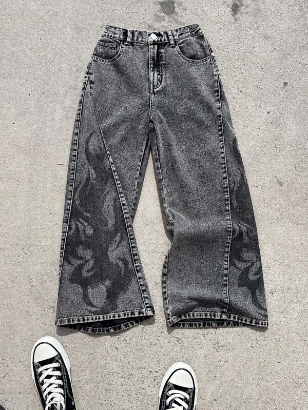 SHEIN Tween Boy Fashion Casual Y2k Vintage Cool Gothic Flame-Patterned Grey Loose Jeans For Kids Clothes Boy Soft Dailywear And Kids Summer And Fall Rave Outfits Festival And Beach Outfits Streetwear School Clothes Winter