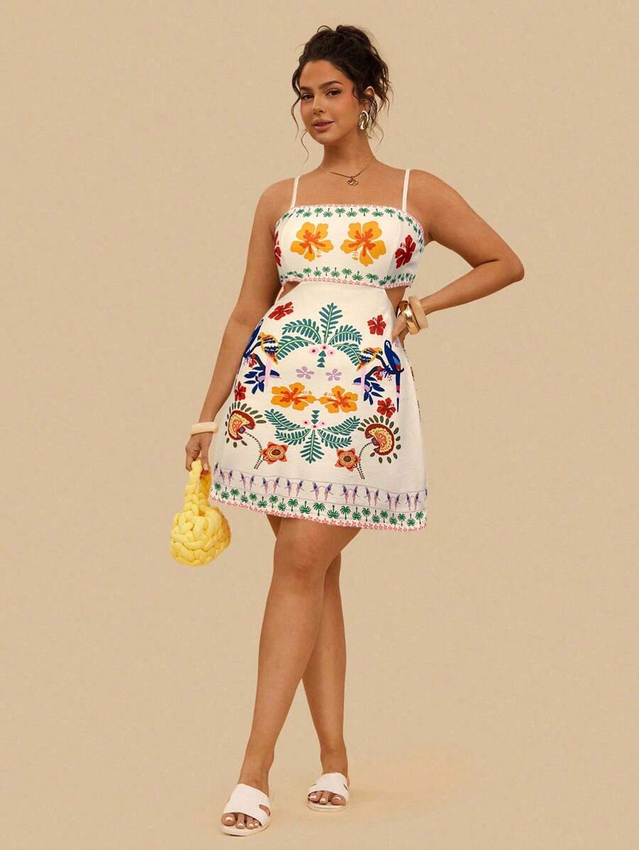 Travachic Plus Size Tropical Colorful Parrot Print Hollow Back Sleeveless Casual Summer Holiday Dress - Apricot - View 1