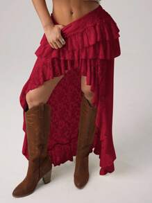 SHEIN ICON 前短后长蕾丝分层不对称下摆半身裙 - 紅色 - 查看 5