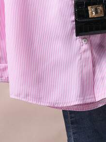 Sparklyn 1 件女童翻领长袖纽扣条纹衬衫，正面绣有图案，秋季休闲上衣 - 粉色 - 查看 4