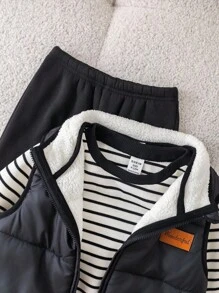 SHEIN 3 件套男婴/女婴秋冬可爱休闲厚垫背心夹克、黑白条纹连帽衫、黑色慢跑裤运动服、男女通用婴儿服装、婴儿冬装