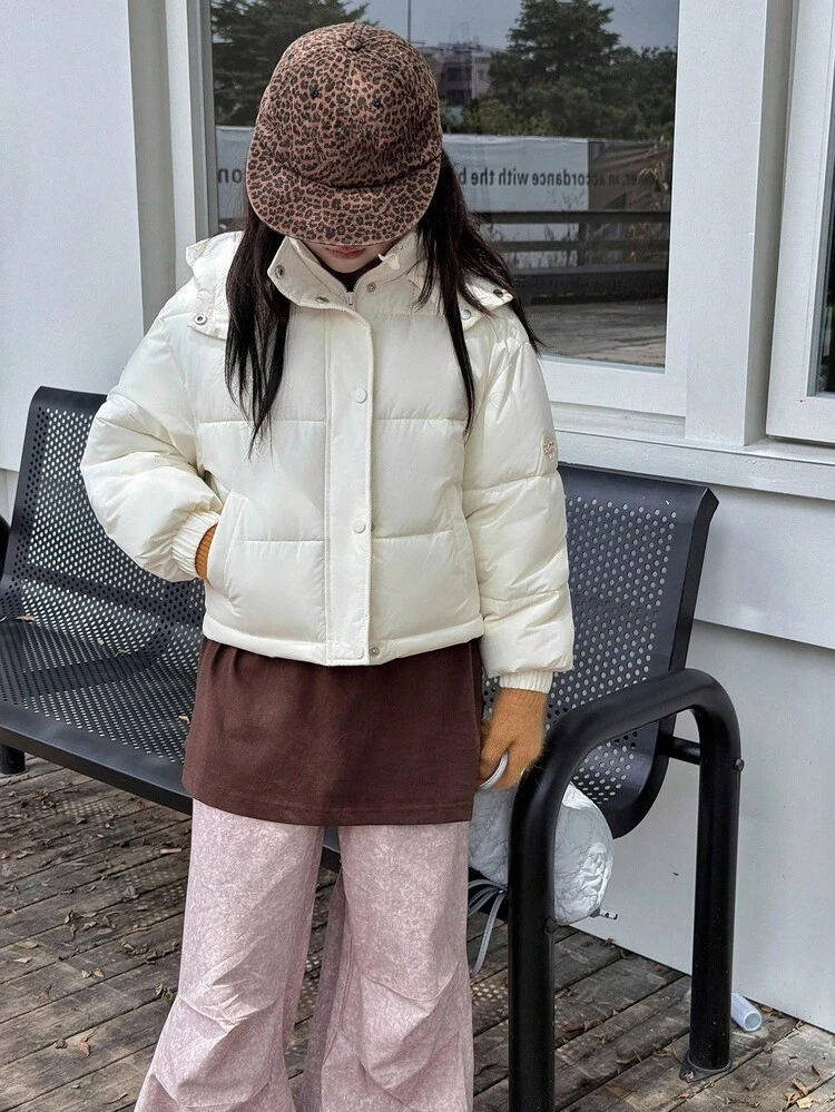 Tween Girls' Casual Solid Color Hooded Padded Coat, Winter