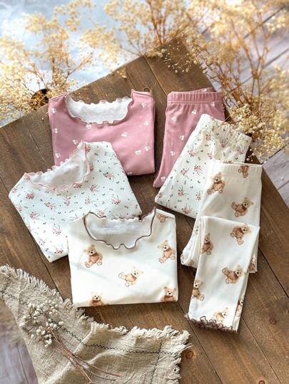 Emery Rose Kids Emery Rose Kids 6件套少女花卉和熊印花针织休闲T恤和裤子家居服套装