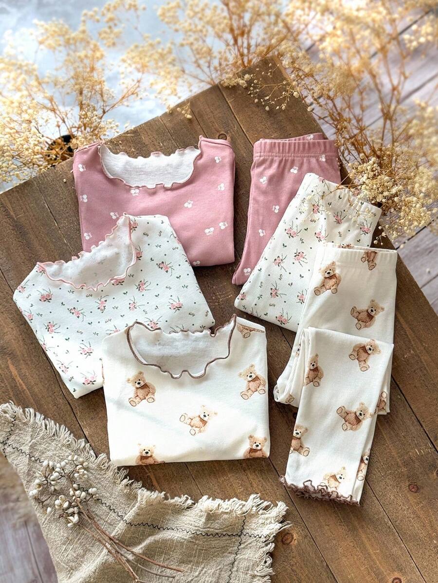 Emery Rose Kids Emery Rose Kids 6件組少女花朵與熊圖案針織睡衣套裝,粉色冬季仙女風居家休閒睡衣,圓領長版兒童秋季睡衣 - 彩色 - 查看 1