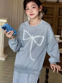 Tween Girl 休闲蕾丝拼布蝴蝶结宽松落肩套头连帽衫和阔腿裤两件套，春秋 - 灰色 - 查看 4
