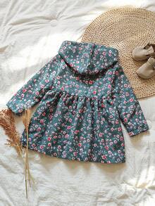 SHEIN Vintaside Kids 年轻女孩卡其色保暖内衬连帽双排扣时尚外套，适合日常休闲穿着 - 軍綠色 - 查看 2