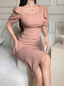 DAZY 女士纯色方领褶皱泡泡袖中长连衣裙 - 米色 - 查看 5