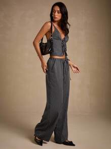 Glamine 女士时尚优雅条纹吊带背心，修身系带背心 - 灰色 - 查看 6