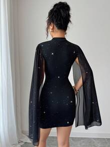 Elenzga Elegant Glitter Hollow-Out Cape Sleeve Fitted Mini Dress Fall Cloth For Women