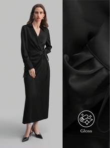 Ontre 2025 秋季新款女士立领长袖收腰 V 领修身休闲通勤连衣裙，商务中长连衣裙，适合海滩、度假、毕业典礼、办公室、海滩度假、茶会、商务休闲 - 黑色 - 查看 2