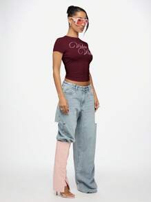 SUMWON WOMEN Áo thun crop top ôm sát phong cách cổ điển cho bé Áo thun trẻ em thời trang đường phố Y2K in họa tiết thiết yếu - Màu Đỏ Sâu - Xem 8