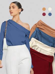 BizChic 女式不对称设计褶皱肩部垂坠宽松长袖缎面衬衫，都市通勤基本款简约优雅时尚商务休闲装，适合教师和办公室穿着