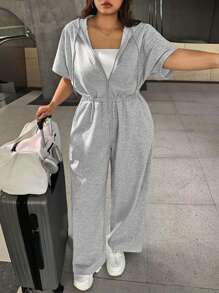 SHEIN EZwear 大码女式纯色短袖前拉链宽松休闲连帽衫连体裤 - 灰色 - 查看 3