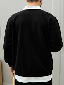 Manfinity Dauomo Men's Striped Pattern Contrast Color Polo Collar Long Sleeve Casual Sweatshirt - Black - View 4