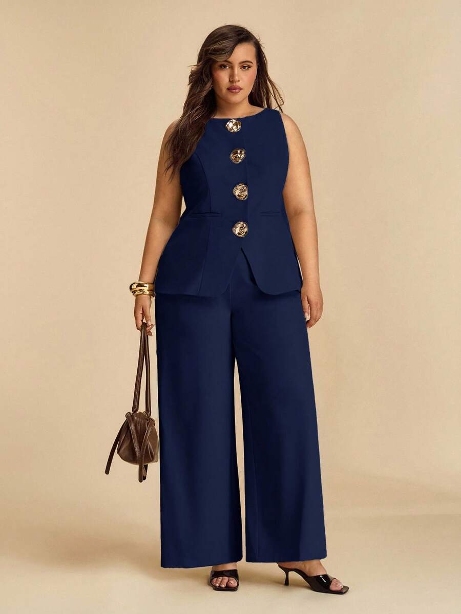 SHEIN BAE Plus Size Women's Summer Fashion Commuter Solid Color Vest & Pants Set/ Plus Size Two Pieces Outfits/ Plus Size 2 Pieces Sets/ Plus Size Wide Leg Pantsuit/ - Navy Blue - View 1