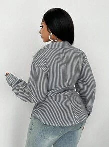 Maweii 大码休闲通勤条纹裹身衬衫 - 灰色 - 查看 5