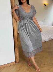 SHEIN Große Größen Spitze Patchwork Langes Nachthemd Nachtwäsche