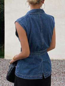 DAZY 女式V领系腰无袖牛仔衬衫 - 藍色 - 查看 2