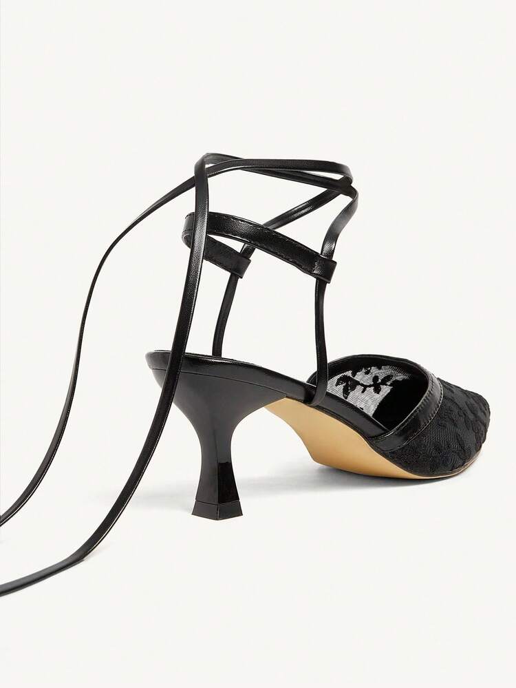 CUCCOO CHICEST Women's Floral Embroidered Lace Pointed Toe Kitten Heel Mid-Heel Elegant Sweet Romantic Sexy Gothic Victorian Style Black Mesh High Heel Sandals, Ankle Strap Lace-Up Shoes For Afternoon Tea, Date, Party, Wedding, Halloween, Lolita, Valentine's Day