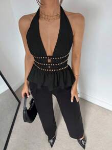 Siren Gaze 夏季新款女士铆钉腰部设计吊带上衣 - 黑色 - 查看 6