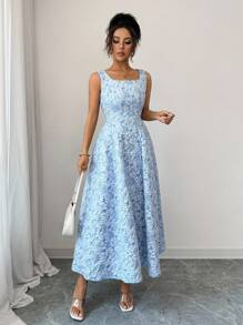 Modelyn 花卉拉链后背方领连衣裙超长款女士晚礼服 - 藍色 - 查看 4