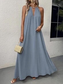 Hotletica 女式无袖镂空褶皱纯色连衣裙超长度假海滩装 - 藍色 - 查看 7