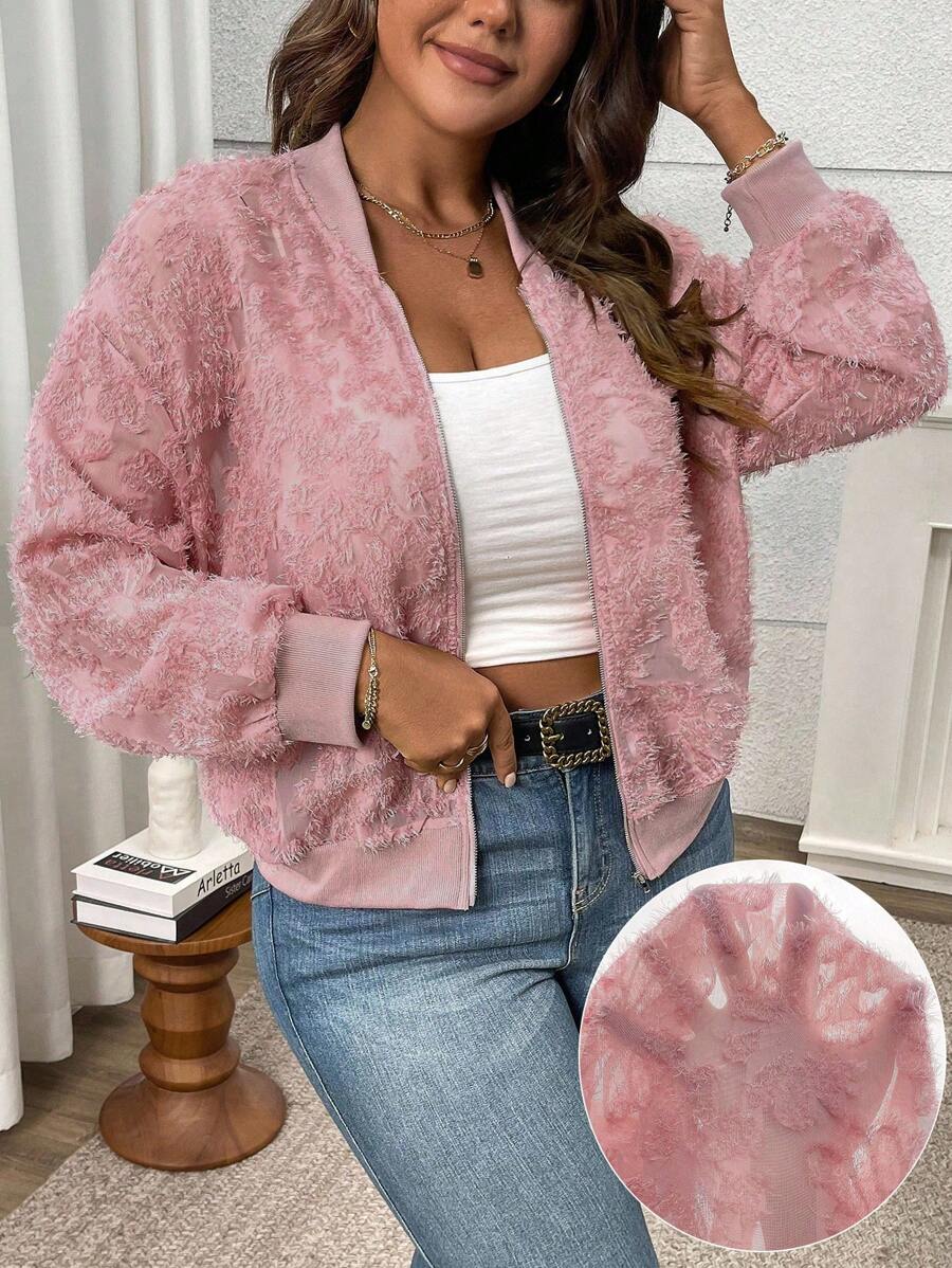 EMERY ROSE 大码女式纯色镂空蕾丝圆领长袖罗纹拼接拉链前部休闲舒适宽松夹克 - 粉色 - 查看 1