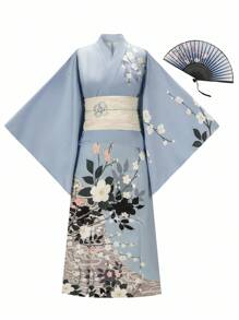 Irokai 日本女士传统印花和服浴衣两件套，夏季节日 - 淺藍色 - 查看 1