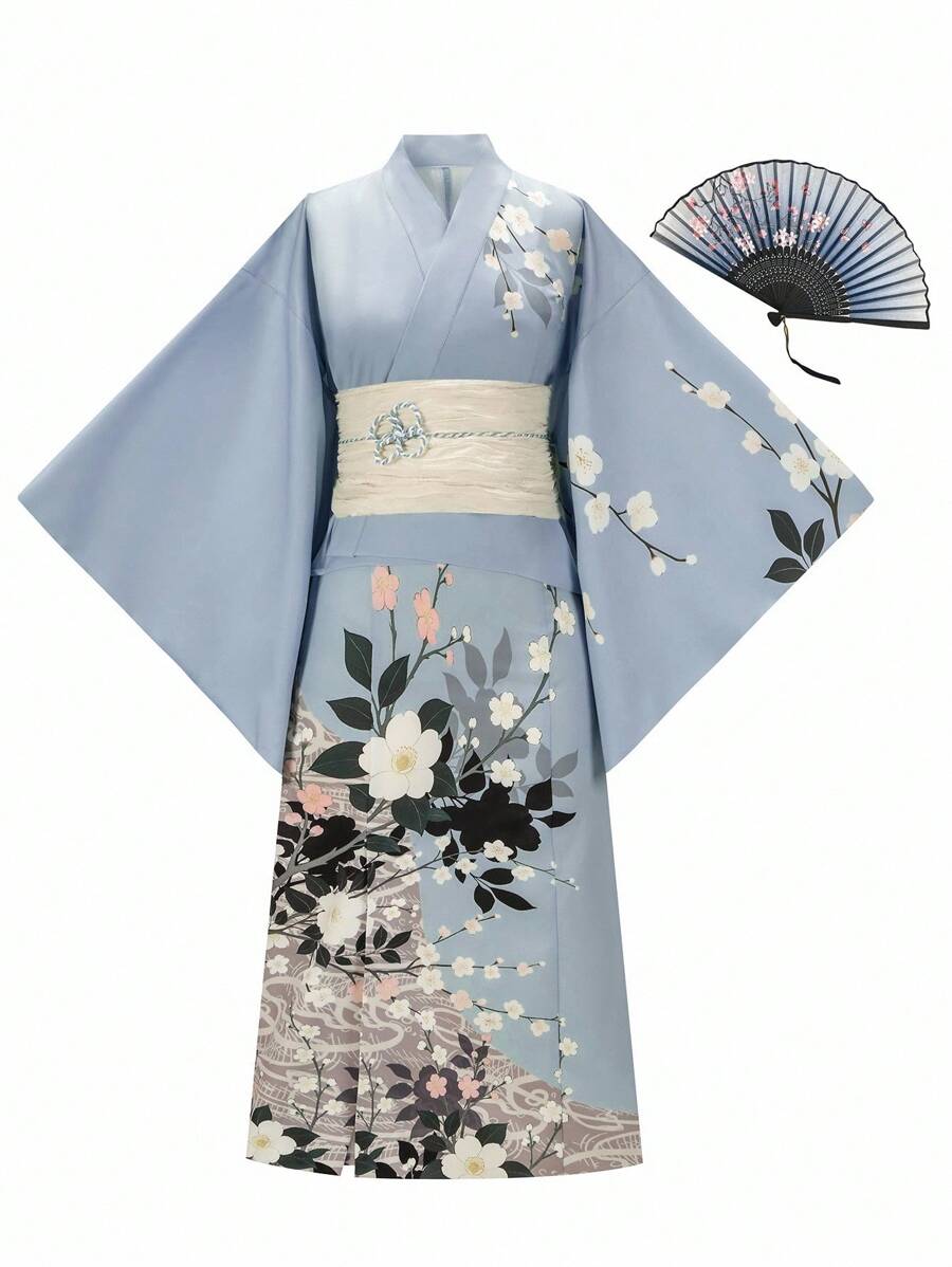 Irokai 日本女士传统印花和服浴衣两件套，夏季节日 - 淺藍色 - 查看 1