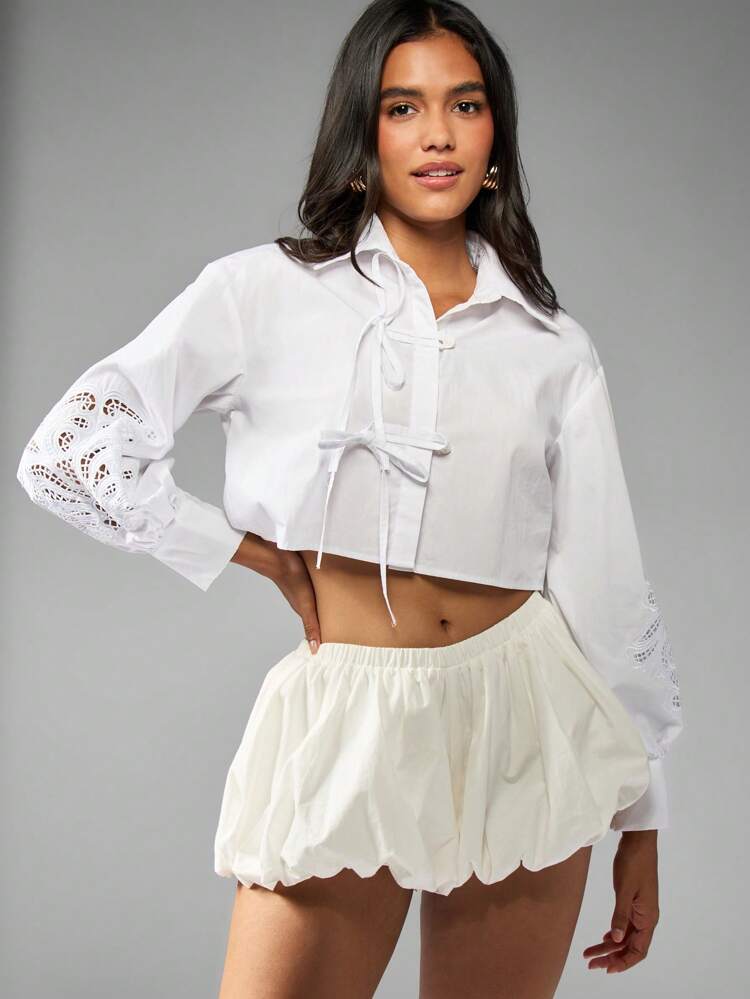MISSGUIDED Cropped Cotton Blouse With Broderie Anglaise Sleeves And Tie Front