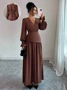 Selianne 女式优雅复古正式办公室通勤休闲节日派对咖啡棕色 V 领腰部褶皱 A 字秋季连衣裙，交叉系带和泡泡袖，秋冬 - 棕色 - 查看 3