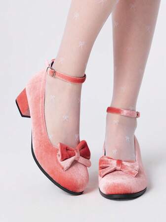 Kawaii Bailarinas de mujer con tacón grueso, puntera redonda y diseño calado con decoración de lazo