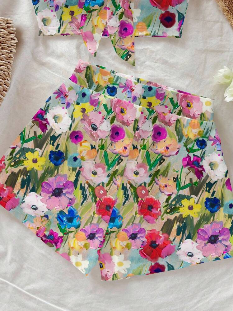 Soleia Multicolor Floral Print Micro Crop Bandeau And Shorts Set In Soft Knitted Fabric Floral 2 Pieces Set 2 Pieces Set Summer Two Pieces Set Women Multicolor Multicolor Floral Two Pieces Set - Multicolor - View 3