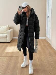 EURMUSE Women Solid Color Zipper And Pocket Detailed Winter Coats - Black - View 4