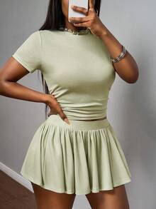 Slaydiva Damski, swobodny, jednokolorowy, marszczony T-shirt i mini spódniczka, 2 częściowy komplet, lato - Zielony - Zobacz 4