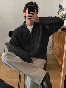 DAZY 男士纯色纹理针织半拉链毛衣，秋季 - 黑色 - 查看 5