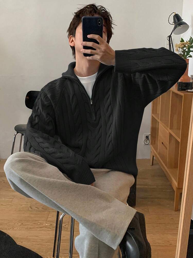 Men's Solid Color Textured Knit Half-Zip Sweater, Autumn