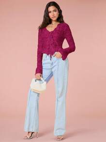 Enchnt Camiseta de manga larga con volantes en el bajo y lazada al frente de unicolor para mujer, de moda - Burdeos - Ver 3