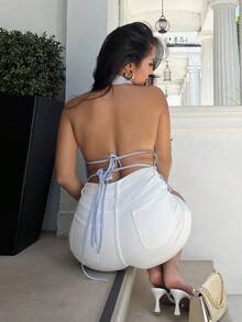 NegzBox 条纹深 V 领露背蝴蝶结时尚性感女式衬衫 - 藍色 - 查看 2