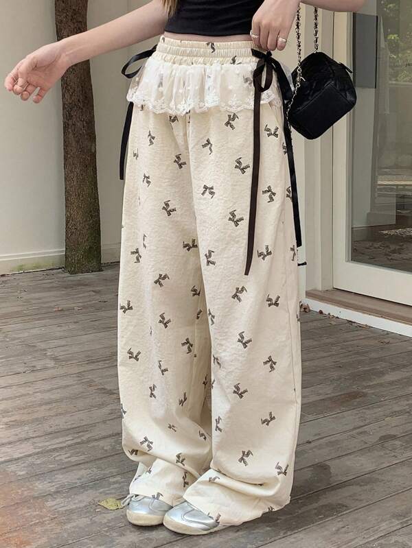 DAZY Women's Casual Lace Patchwork Bow Print Long Pants